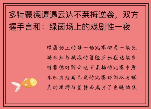多特蒙德遭遇云达不莱梅逆袭，双方握手言和：绿茵场上的戏剧性一夜