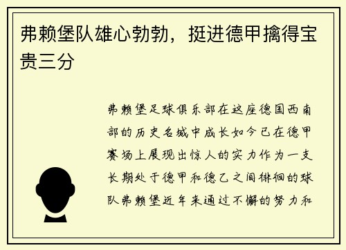 弗赖堡队雄心勃勃，挺进德甲擒得宝贵三分